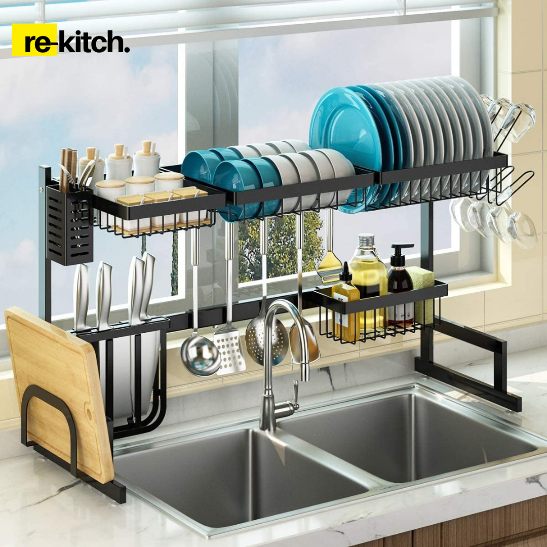 DODOING Black Dish Drying Rack Over Sink Dish Drying Rack Large Capacity 2  Tier Kitchen Rack Adjustable Stainless Steel Dish Rack Kitchen Dish Drainer  Shelf Over Sink Dish Racks 